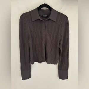 Scanlan Theodore Gray Brown Pointelle Collared Knit Button Cropped Shirt L